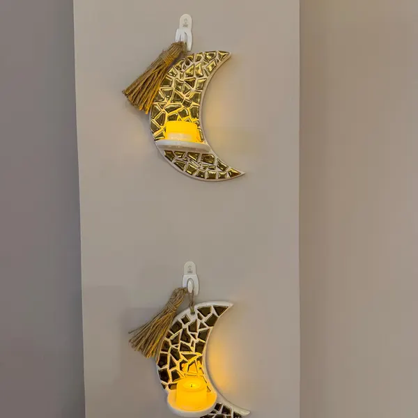 Crescent moon candle holder with mosaic detail